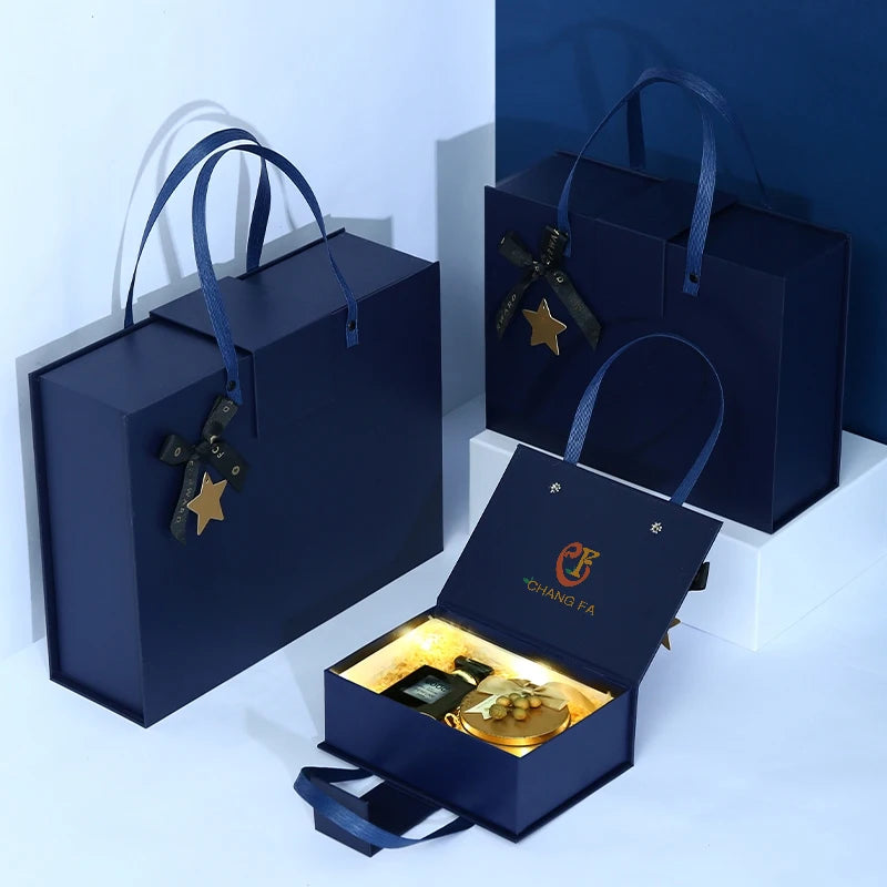 Blue Luxury Rigid Cardboard Gift Box Magnetic Closure Embossed Printing Foam Insert for Clothes Perfume Knife Glass Packaging