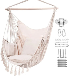 Woqi Hanging Rope Swing Large Macrame Hanging Hammock Chair with Pocket Crabstick