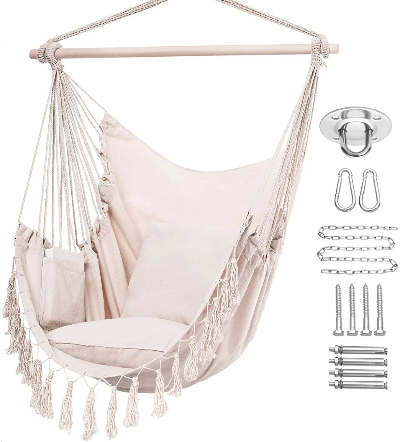 Woqi Hanging Rope Swing Large Macrame Hanging Hammock Chair with Pocket Crabstick