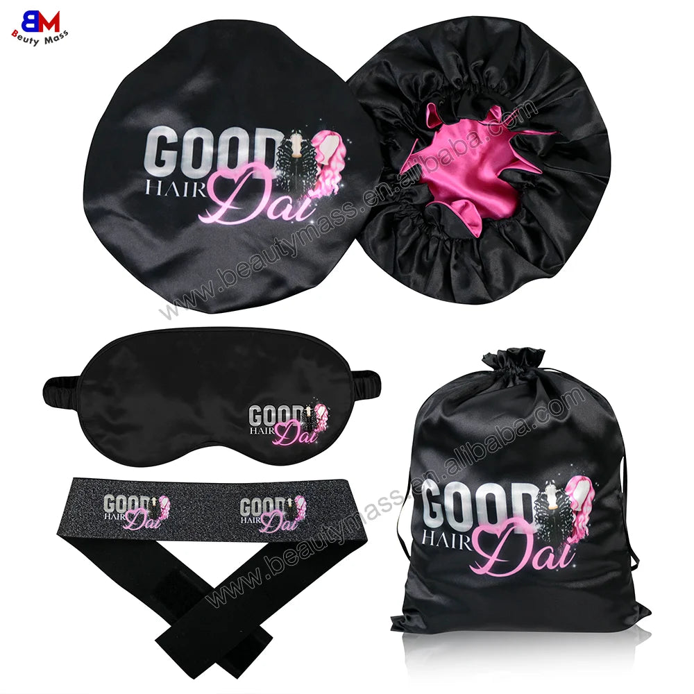 Wholesale Custom logo Adjustable Satin Bonnet Bag Eye Mask Scrunchies Set Hair Care Wigs Package