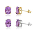 YBO 6x8MM Natural Oval Amethyst Real Silver 925 Gold Plated Stud Earrings Simple Design Geometric Mini Women Girls' Wedding Gift