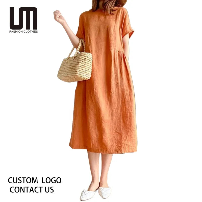 Clearance Sales Fashion Summer Women Casual Oversized Loose Solid Color Short Sleeve Cotton Vintage Midi Dress