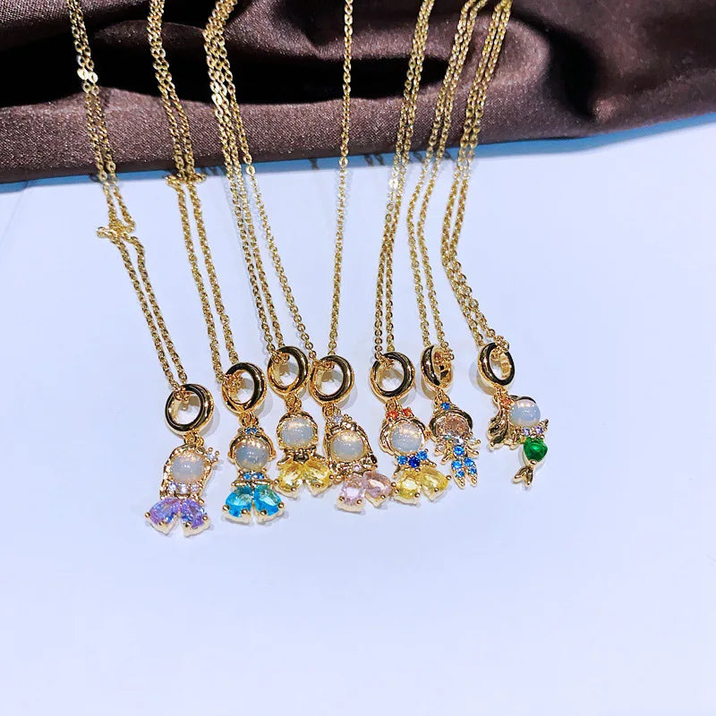 Fashion Cubic Cartoon Colorful Zircon Copper Fairy Princess Pendant Necklace Gold Plated 316L Stainless Steel Chain Jewelry