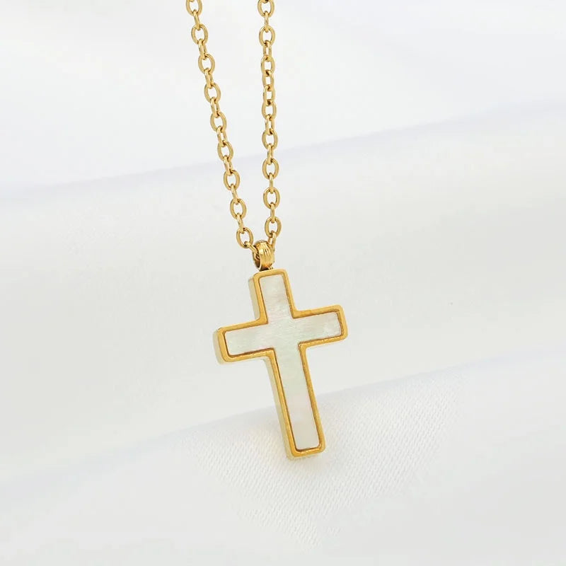 QUSEDINY Simple Design 18K Gold Stainless Steel Sea Shell Religious Cross Pendant Necklace Jewelry for Women