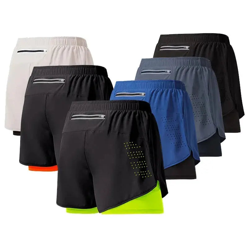 Custom Colorful Men Athletic Running Compression Shorts  Workout 2 in 1 Gym With Zipper Pocket Shorts