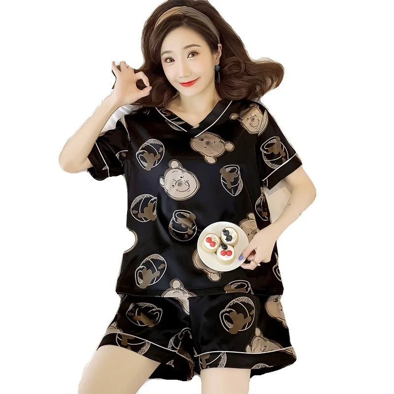 Ice Silk Women's Pajamas Short-Sleeved Cartoon V-Neck Silk Cool Breathable Homewear Suit