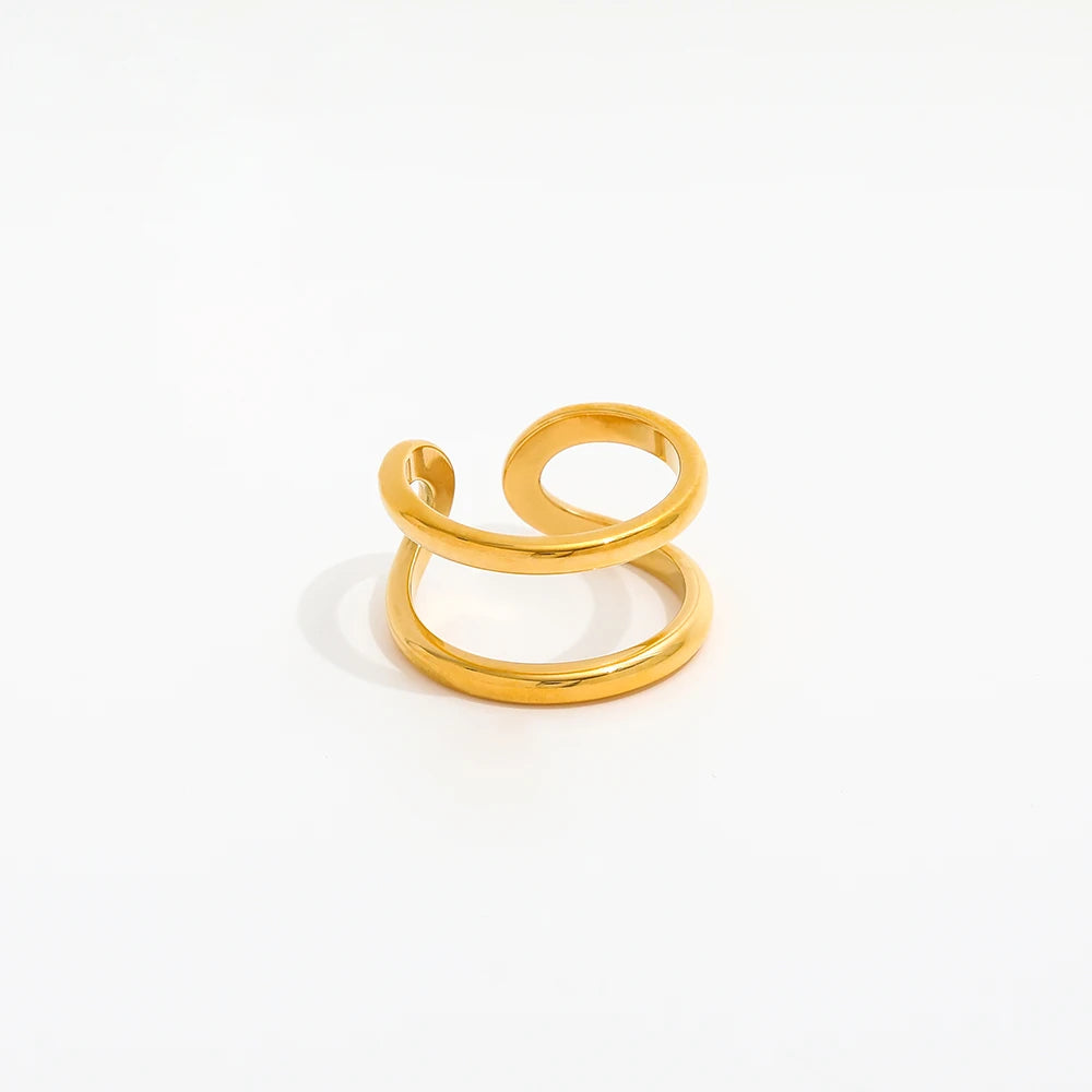 Joolim High End 18K Gold Plated Double-layer Cuff Open Rings for Women Stainless Steel Jewelry
