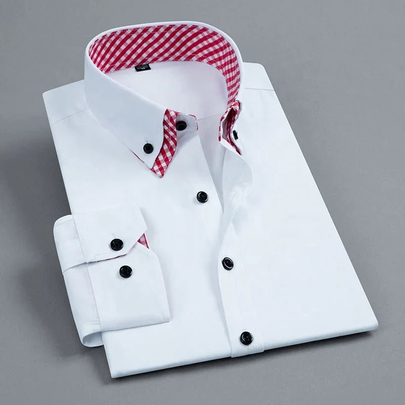 Top Quality Mens Dress Shirt Non Iron Fashion Double Layer Long Sleeve Business Formal Regular Fit Office Camisa Social Shirts