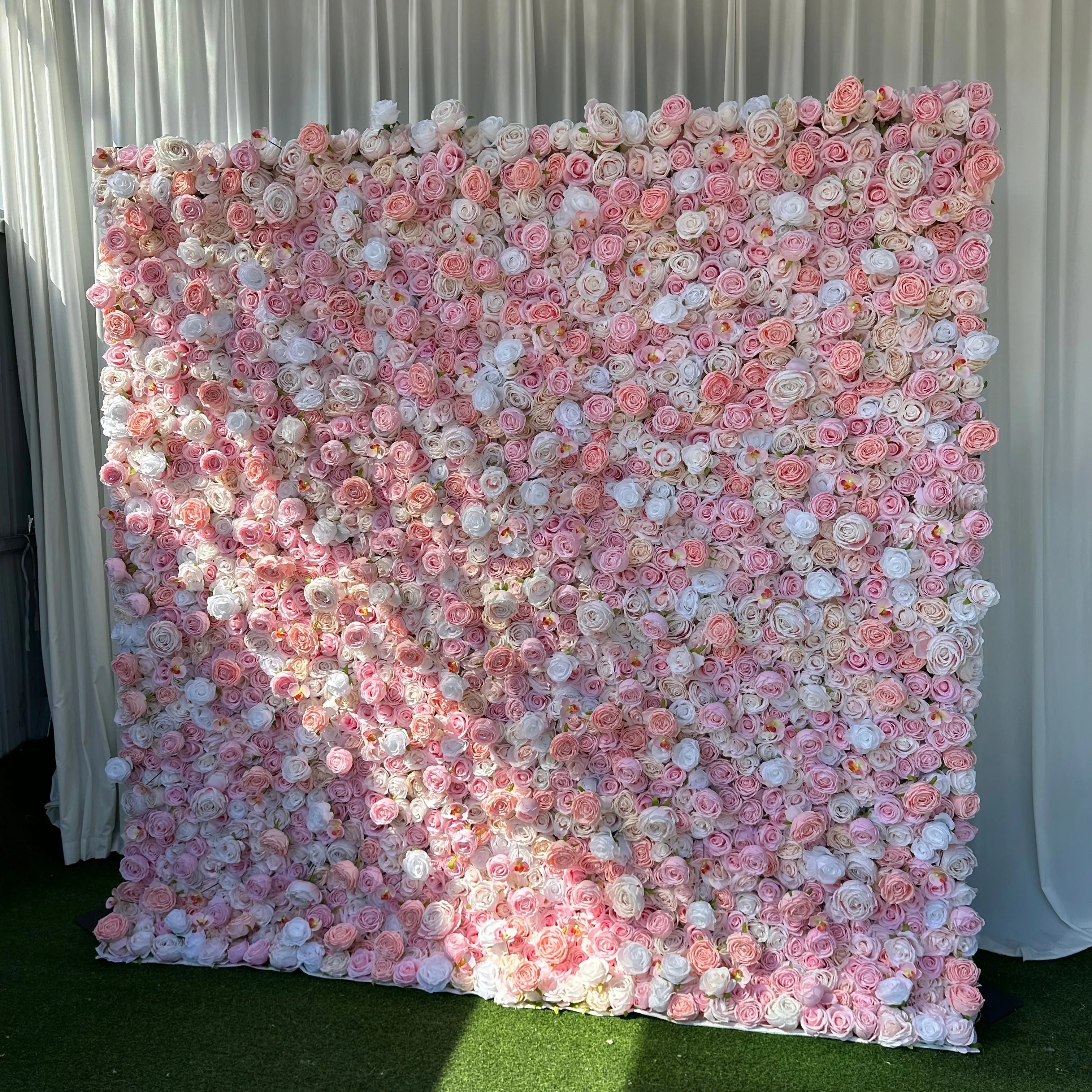 UP039 Wedding Artificial Silk Flower Wall Panel 3d 5d Flower Wall Backdrop 8ft X 8ft Roll up White Flower Wall Decoration