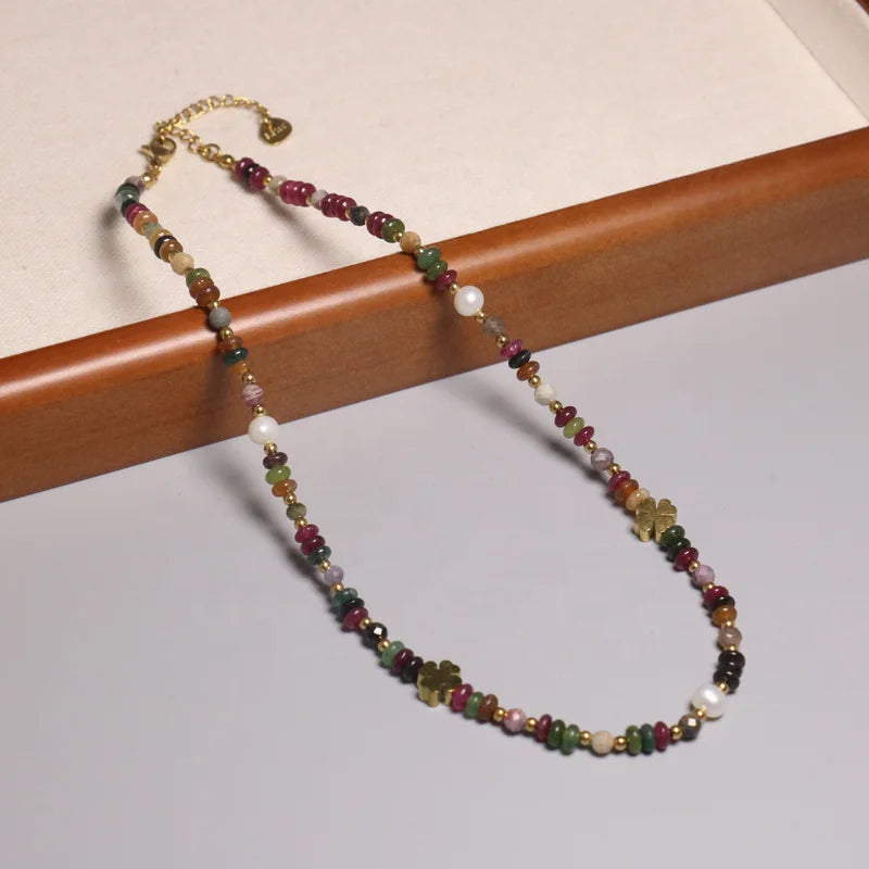 Bohemian Colorful Agate Aventurine Stone Necklace for Men Women Bohemian Pearl Charm Beach Adjustable Choker Jewelry Wholesale