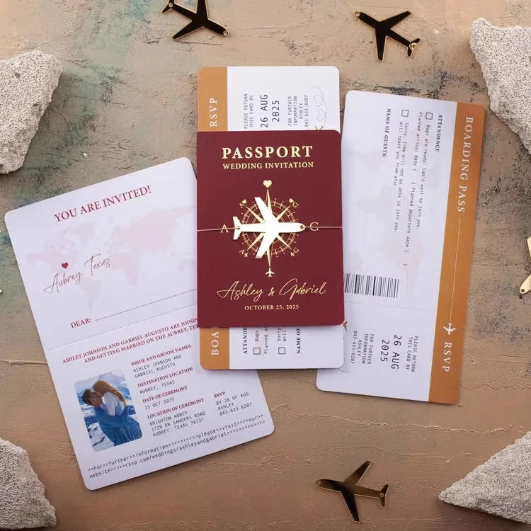 Travel Theme Passport Design Wedding Invitations Elegant Invite Mariage Cards Pass Boarding Card with Envelope and Acrylic Plane
