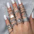 19pcs/sets New Vintage Silver Heart Flower Geometric Ring Set For Women's Statement Knuckle Ring Accessories
