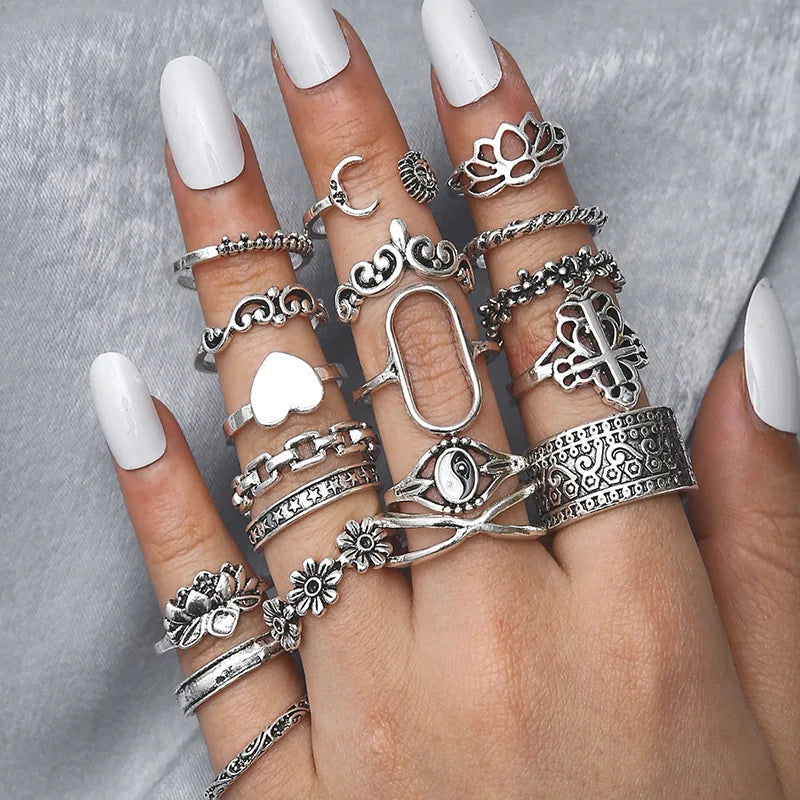 19pcs/sets New Vintage Silver Heart Flower Geometric Ring Set For Women's Statement Knuckle Ring Accessories