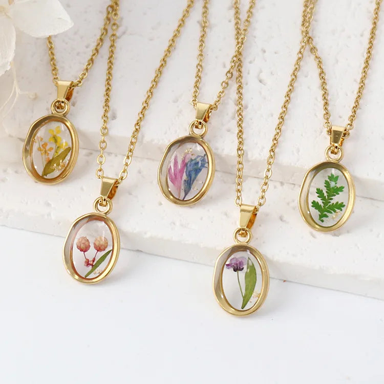 Summer New Style Real Flower Necklace Pendant Fresh Colorful Stainless Steel Resin Preserved Flower Jewelry Gift for Women
