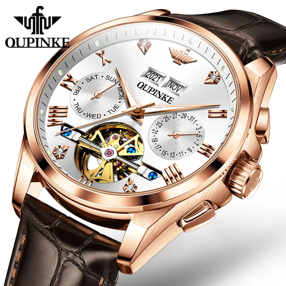 Oupinke 3186 Popular Products Men Mechanical Watch Green Dial Business Luxury Genuine Leather Men WristWatch