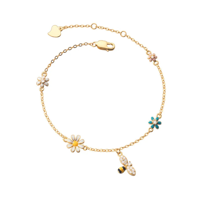 Fashion Jewelry 925 Sterling Silver Zircon Bracelet Oil Dripping Enamel Colored Flower Animal Bee Gold Plated Bracelets Women