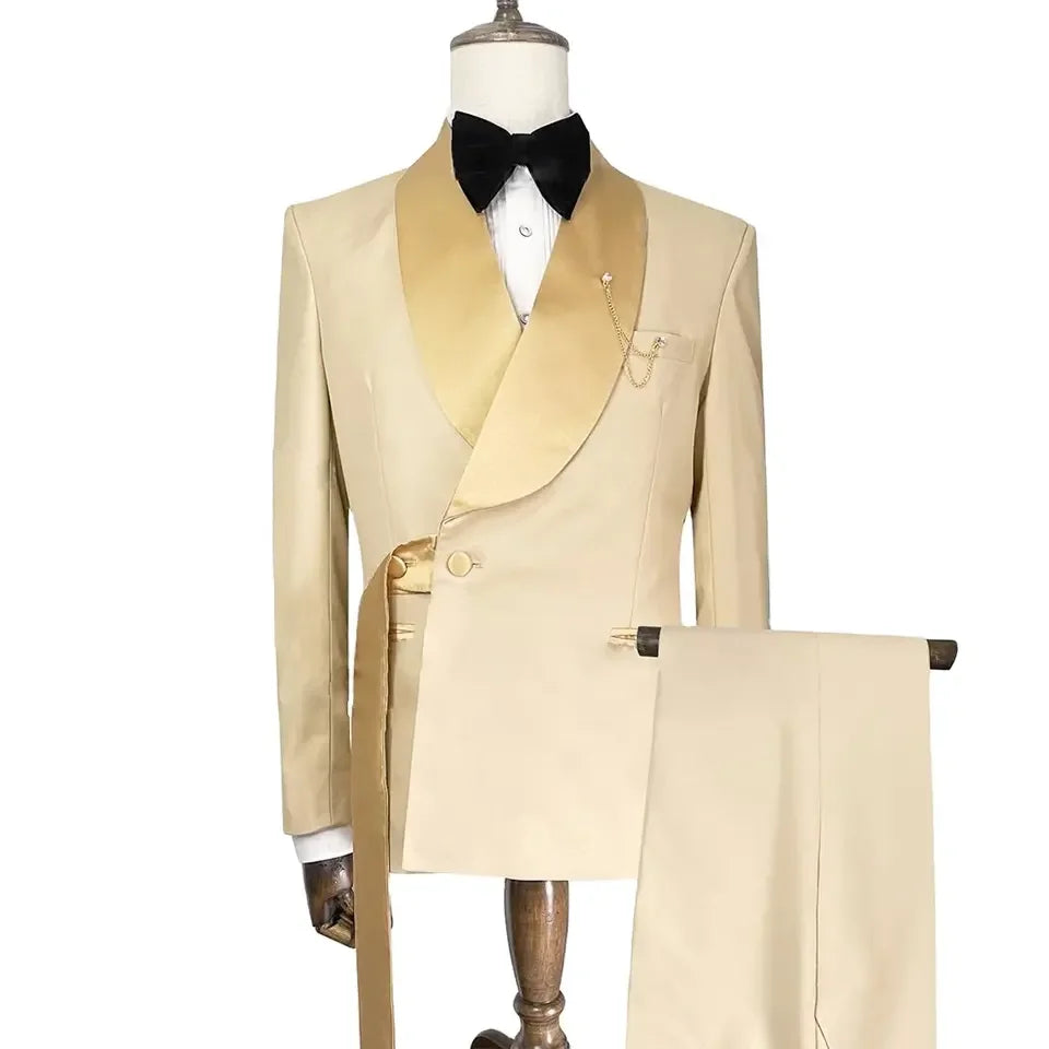 Popular Champagne Men's Suit With Belt Shawl Lapel Casual Slim Costume Homme Party Business Groom Wedding Dress Blazer Pants Set