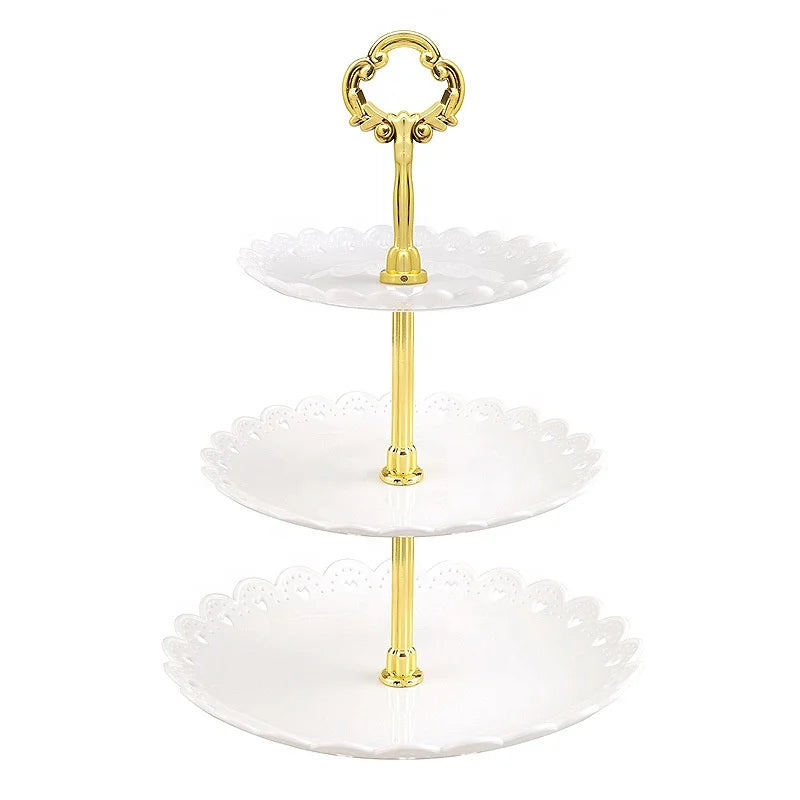 Custom Logo Acceptable 3-Tier Plastic Dessert Stand Sale Kitchen Utensils Mini Cake Fruit Candy Display Tower Dishes & Plates