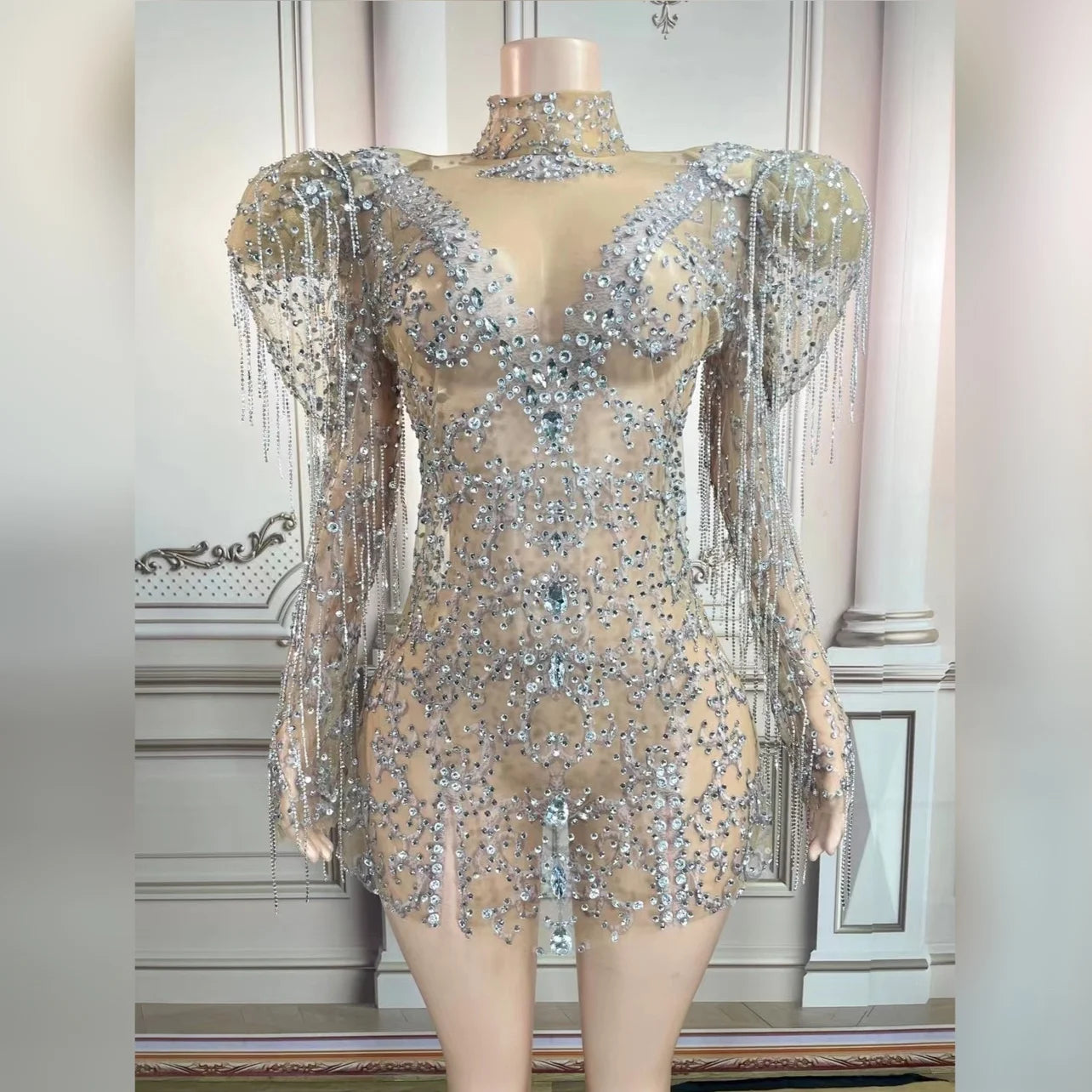 Sparkly Singer stage show Party Perspective Fringes Floral Crystal Wedding Party Long Dress Women Sexy Maxi Prom Dress