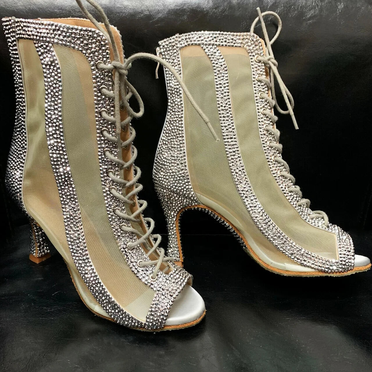 Ev2317 Professional Silver Fashion Rhinestone Mesh High Heel Women Street Latin Ballroom Salsa Indoor Genuine Dance Shoes