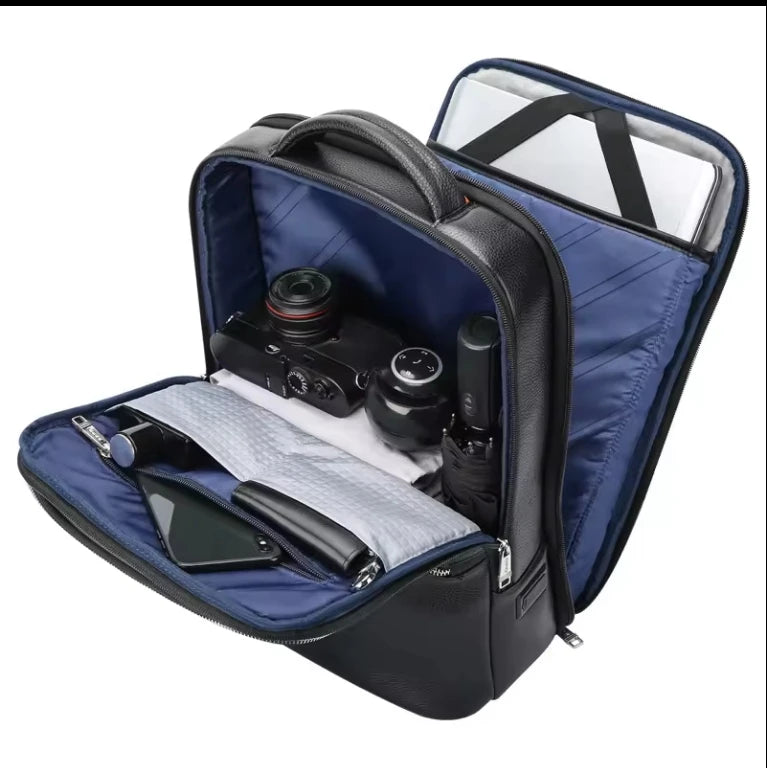 Best Black Small Slim Waterproof Leather Mens Backpack for Travel Work Business with Laptop Compartment