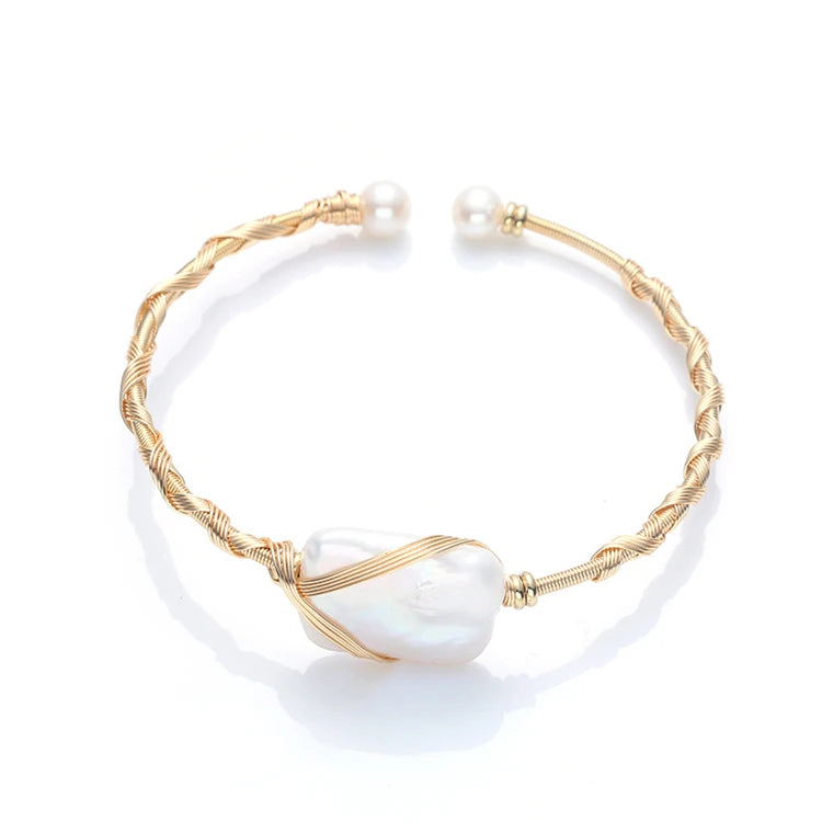 Aimgal Trendy 14K Gold Plated 20MM Geometric Baroque Freshwater Pearl Cuff Bracelet for Women Parties Weddings Hot Sale Gift