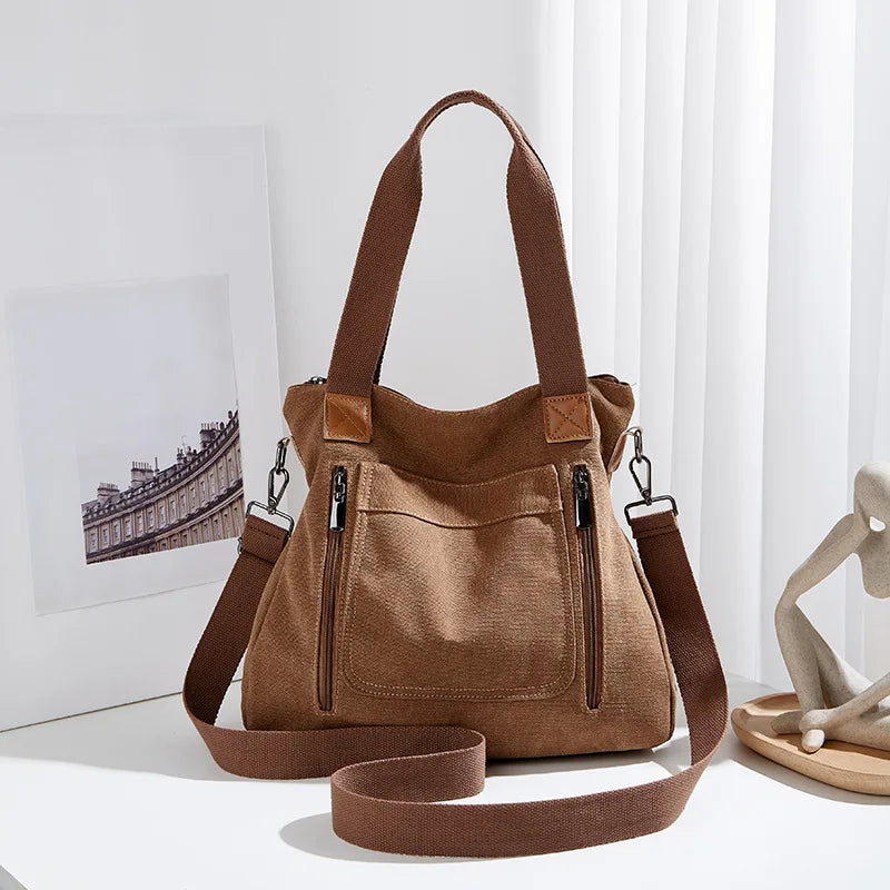 Trend Women's Vintage Leisure Bag Canvas Shoulder Crossbody Bag Large Capacity Multi-compartment Handbags