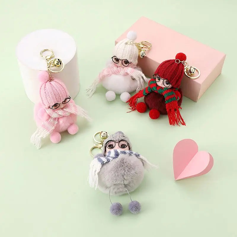 Fashion Cute Furry Sweet Sleeping Baby Doll with Glasses Keychain Accessories Little Doll Hanging Pompom Sleeping Plush Keychain