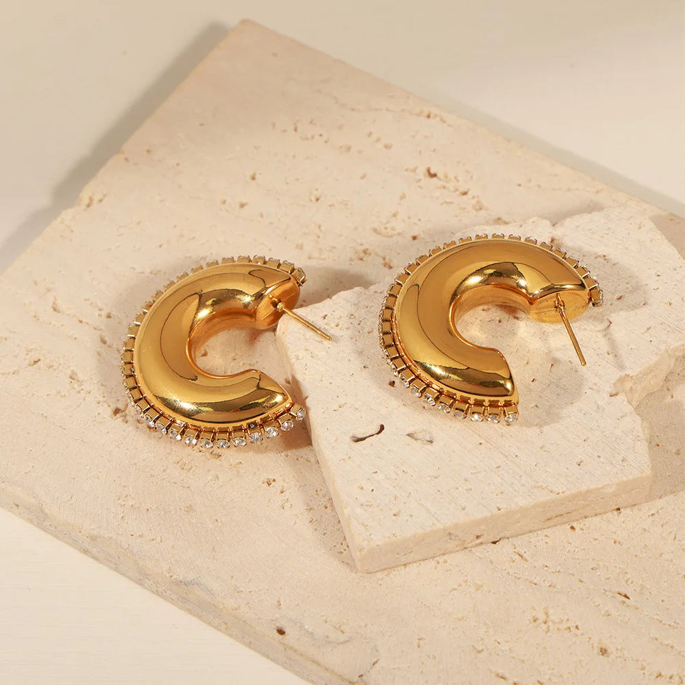 Chic Modern Chunky C Shaped Cubic Zirconia Hoop Earrings Gold Plated Stainless Steel Non Tarnish Statement Earrings Pendientes