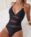 STOCK V-NECK Sheer Mesh Insert One Piece Swimwear Women Jewel Swimsuit Backless Bathing Suit S-XL