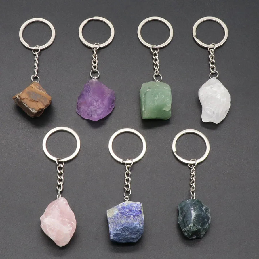 Nature Stone Keychain Power Stone Yogo Healing Stone Amethyst tiger Eye clear Crystal Lapis Lazuli Keychain As a Gift