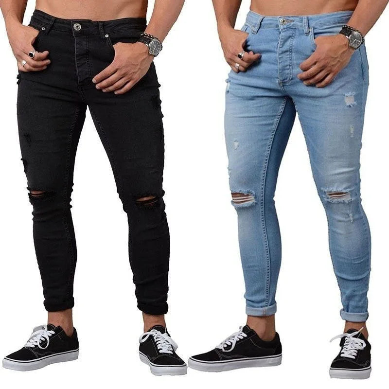 Cool Ripped Men's Skinny Stretch Slim Black Blue Denim Pants Large Size Distressed Pencil for Casual Jogging Hip Hop Black Blue