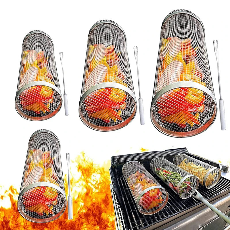 Rolling Grill Barbecue Basket Stainless Steel Large Grill Basket Portable Outdoor Camping BBQ Net Rack for Fish Shrimp Cooking