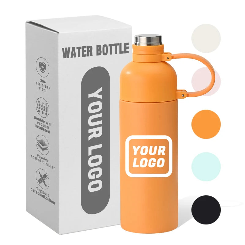 Logo Custom Water Bottle With Handle and Lid 500ml Double Walled 304 Stainless Steel Vacuum Car Cup Colors Travel Office School