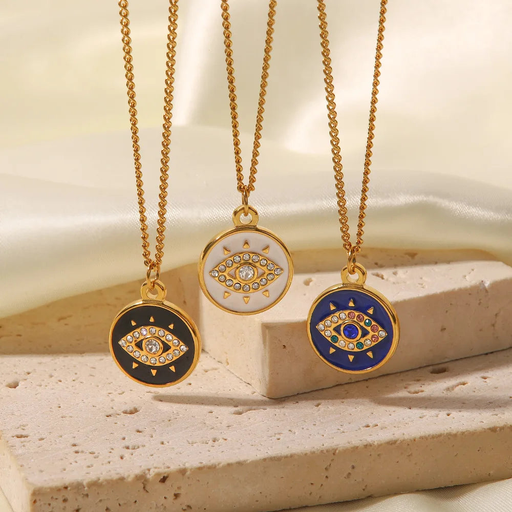 Hot Enameled Black Blue Pendant Necklace Devil Eye Round Pendant Necklace Titanium Steel Gold Necklace for Women