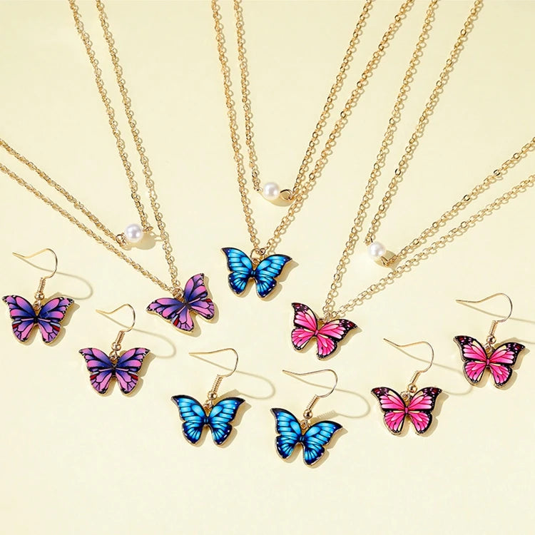 Charm Girl Gifts Pearl Bright Colorful Purple Blue Layered Butterfly Women Necklaces Drop Earrings Jewelry Set MegaBDM