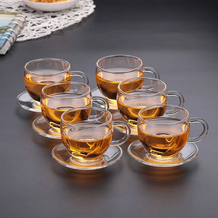 Custom 100ML Kungfu Dessert Glass Cup Clear Borosilicate Tea Mug with Plate/Tray for Coffee & Water Christmas Design Cute Style