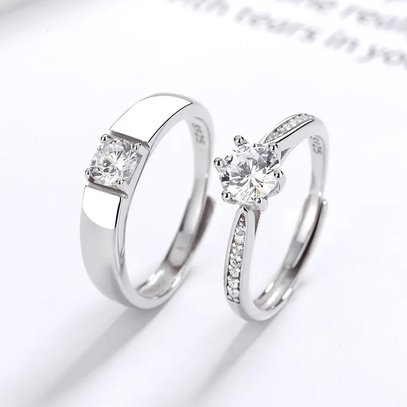 S925 Silver Zircon Couple Ring Six Claws Opening Ring for Couple