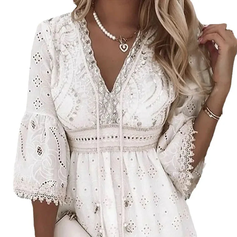 European and American Women's New Popular V-neck White Hollow Tassel Embroidered Dress