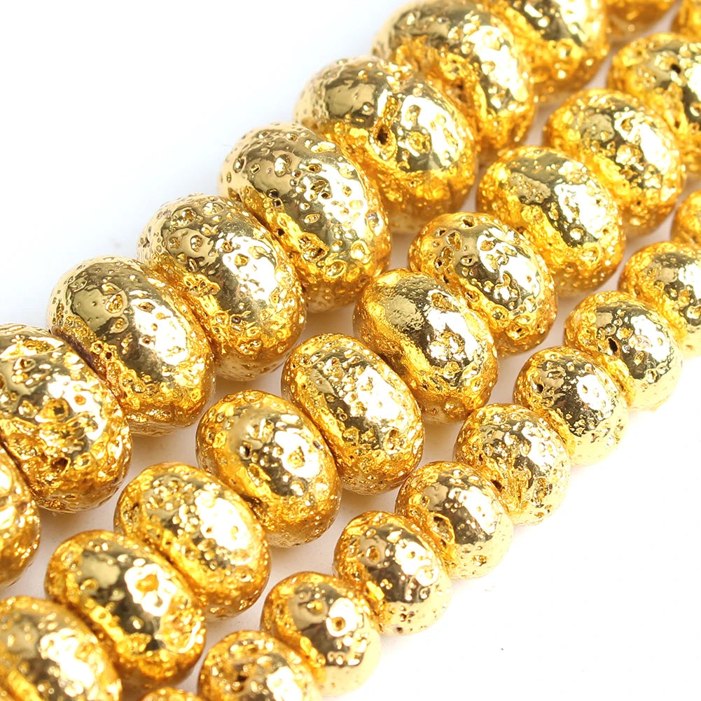 Wholesale 6mm/8mm/10mm 18K Gold Color Flat Rondelle Volcanic Lava Stone Beads for Jewelry Making
