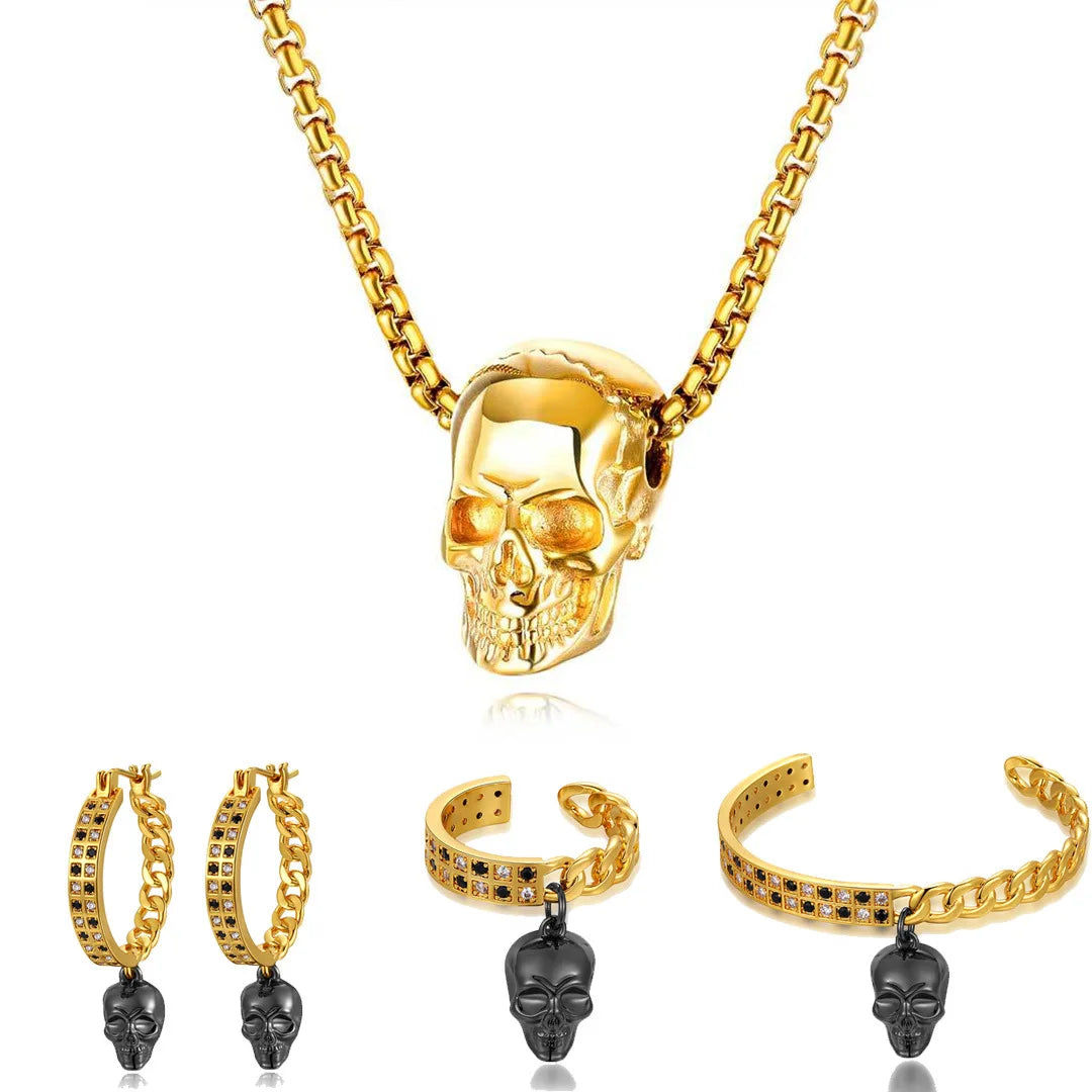 Fashion Boho Stainless Steel Skulls Head Charm Necklaces Bracelet Finger Ring Earring Jewelry Set for Women