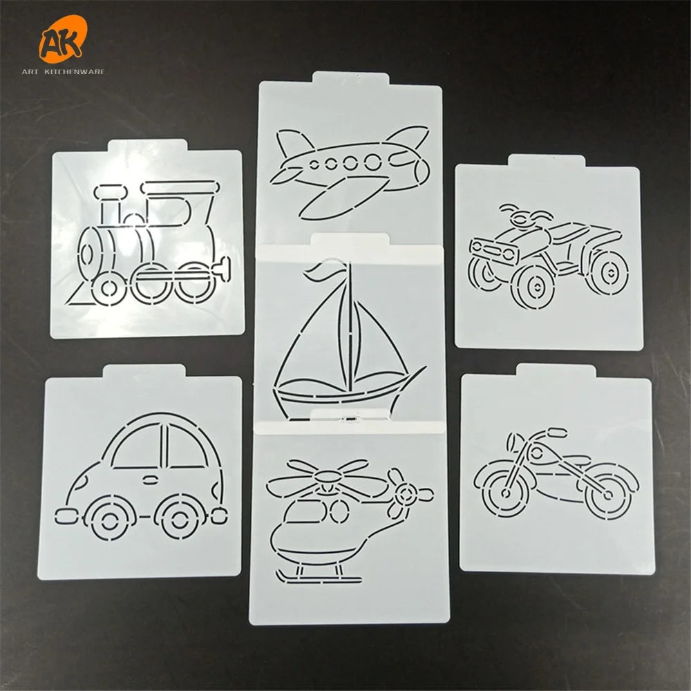 AK Vehicle Design PET Cake Stencils Set Painting Cookie Stencil Templates for Children Reusable DIY Drawing Art Stencil