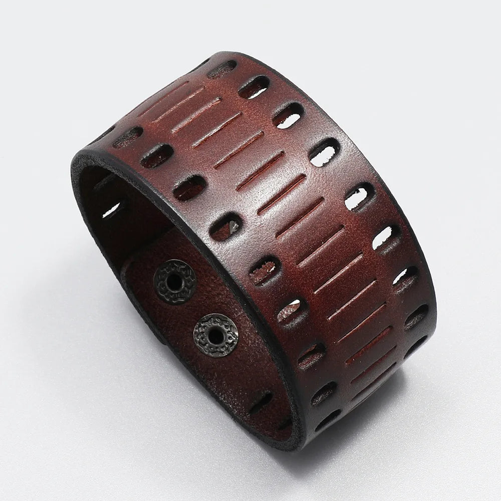 New Design Personality Retro Wide Genuine Leather Punk Style Simple Hollowed Out Geometric Unisex Men's Bracelet