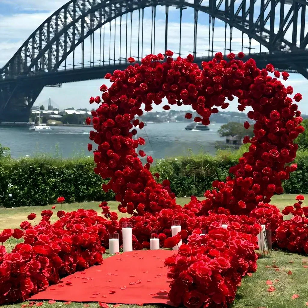 Handmade Red Heart Flower Arch Decor Heart Shaped Flowers Backdrop Wedding Floral Arch for Valentines Day and Wedding Decoration