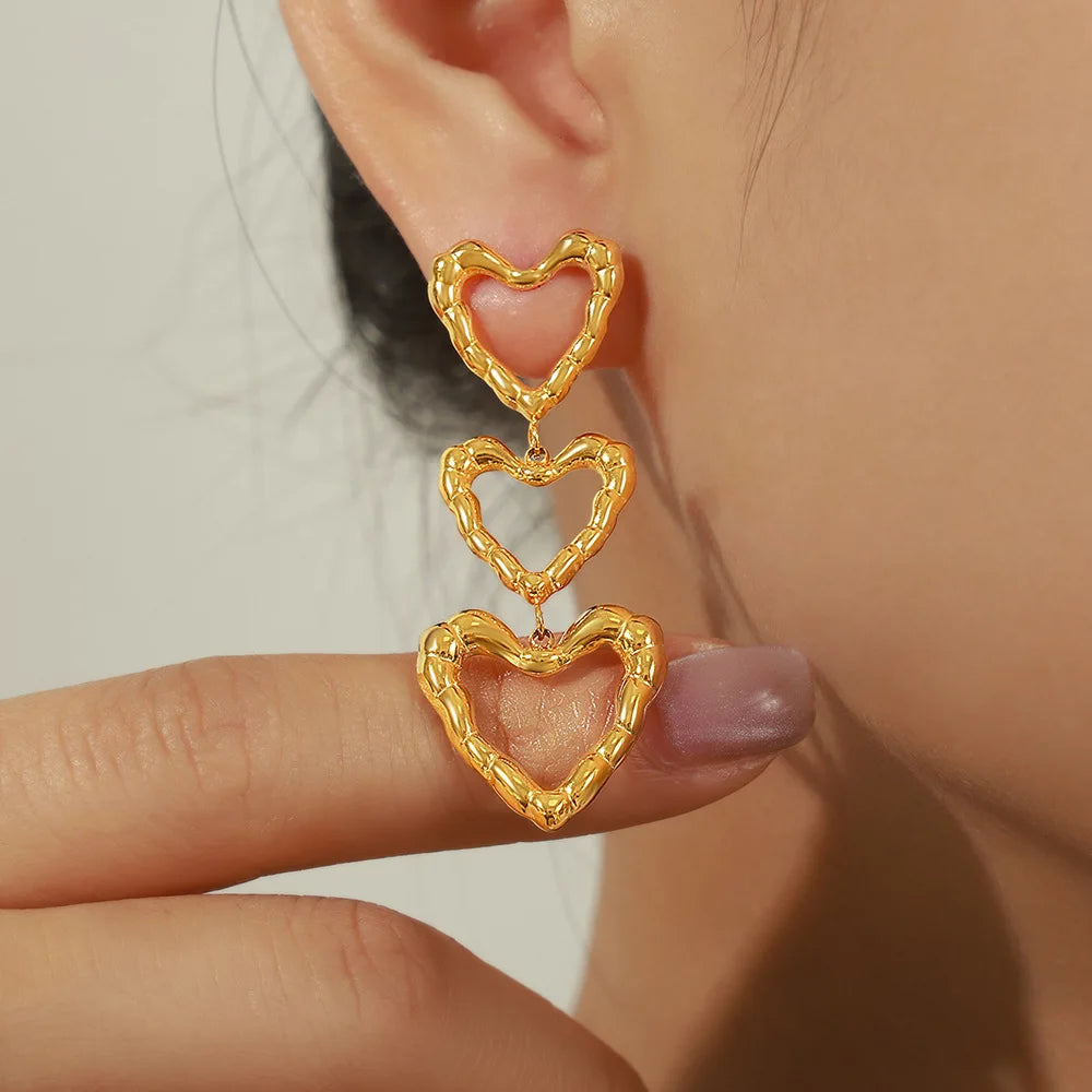 New Waterproof Jewelry  Long Romantic Heart Dangle Hoop Stainless Steel Earring for Women