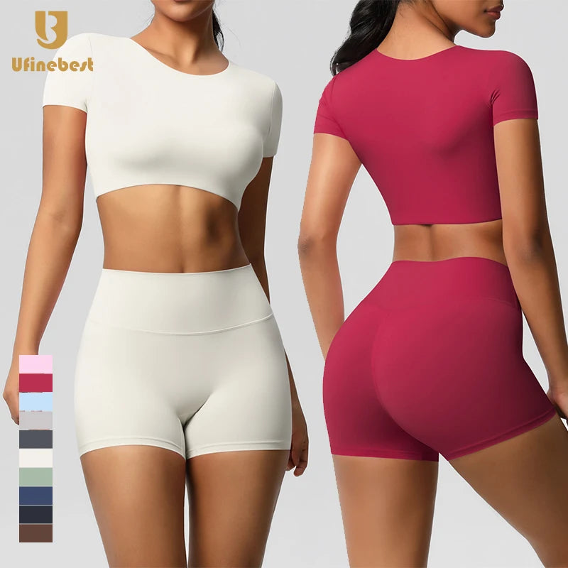 Custom Logo 2-Piece Sport Set High Waist Crop Top Biker Short for Gym Fitness Jogging Yoga Training Other Athletic Activities