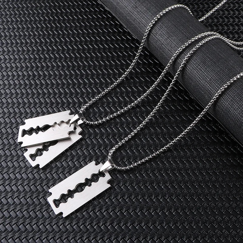 Mens Jewelry Cool Shaver Necklace Creative Stainless Steel Silver Color Sweater Chain Razor Blade Pendant Necklace