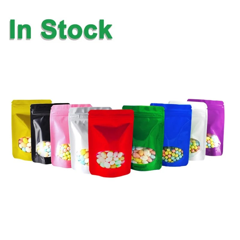 Colorful Glossy Stand up Doypack Food Package Pouch Bags With Clear Oval Window and Zipper