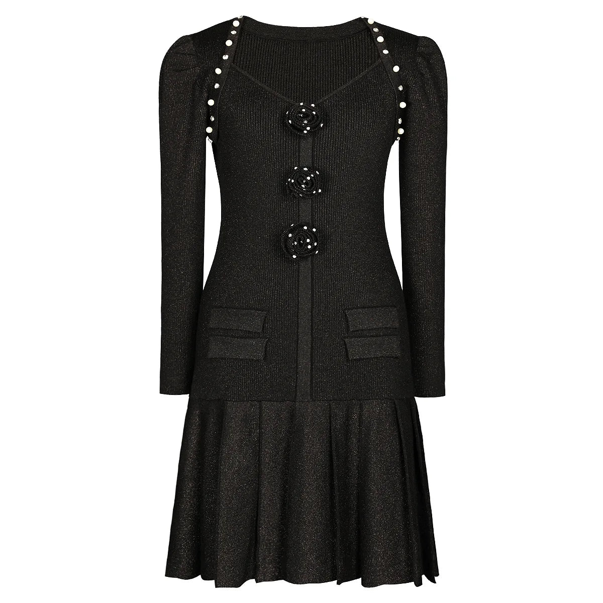 High Quality Women's Spring Autumn Dress New Fashionable Crocheted Knitted V-Neck Slim Fit Long Sleeved Striped Formal Day