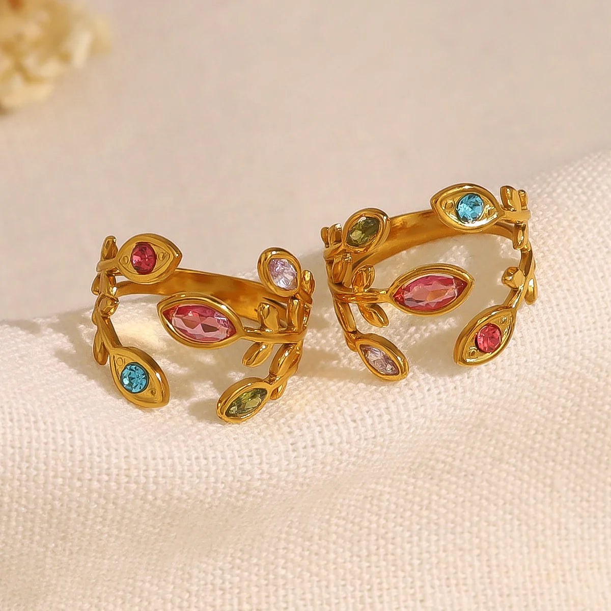 Wholesale Personalized Stainless Steel Hand Jewelry-Colorful Leaves Zircon Ring Light Luxury Trend Irregular Opening Engagement
